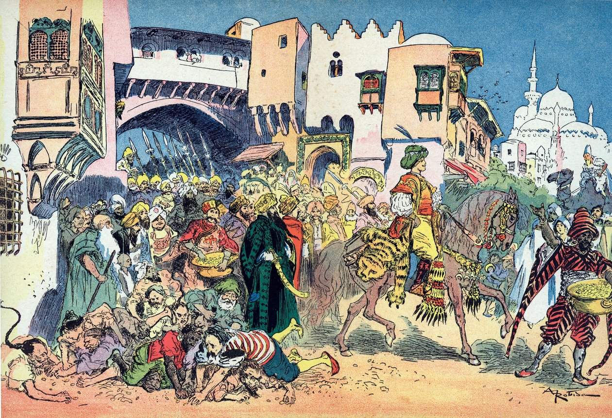 Aladdin rijdt door de straten van de stad en gooit geld om zich heen door Albert Robida