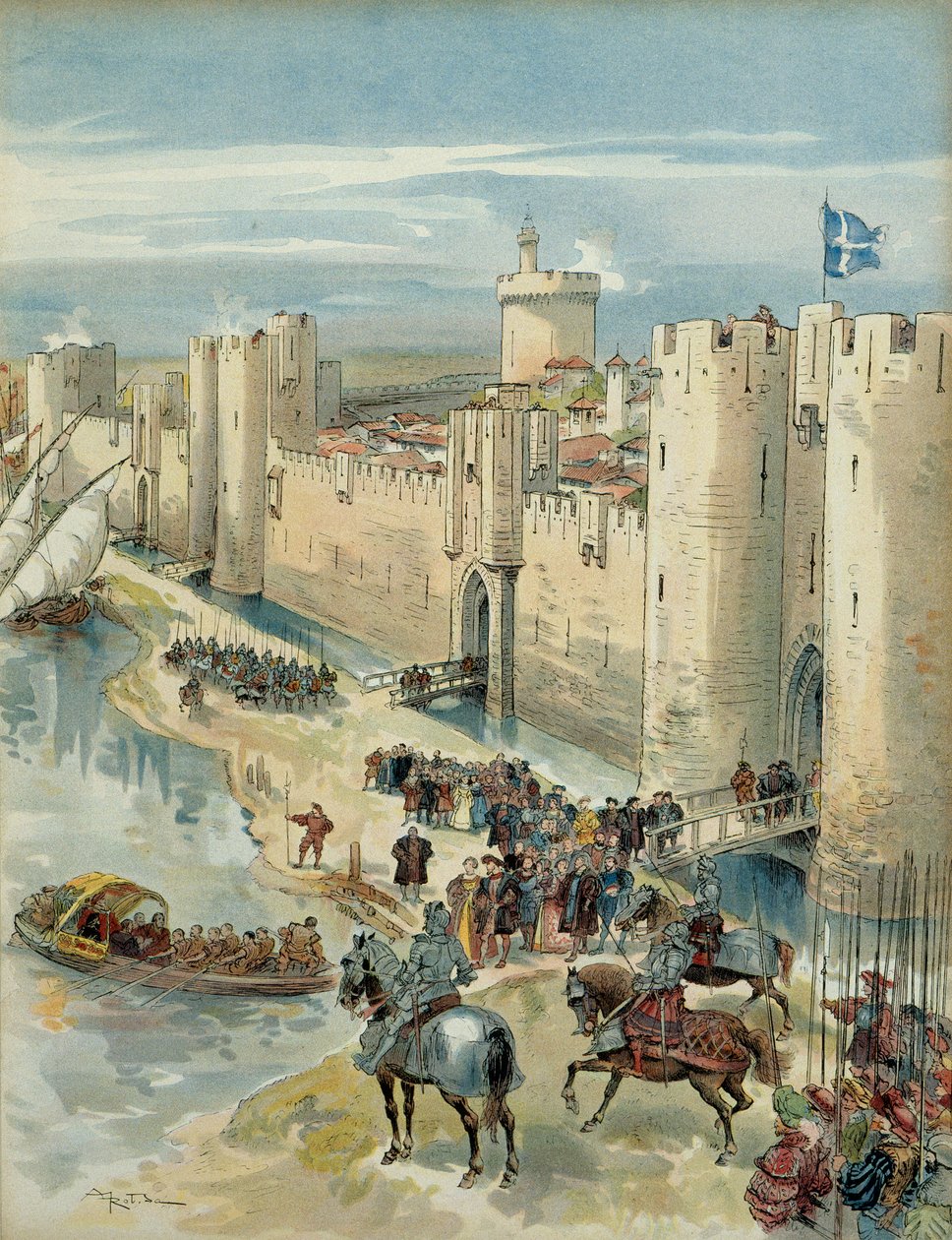 Achtste Italiaanse Oorlog (1536-1538): ontmoeting van Aigues Mortes (of wapenstilstand van Aigues Mortes) op 14 juli 1538, ontmoeting tussen Frans I (1494-1547), koning van Frankrijk en Karel V (1500-1558), koning van Spanje en keizer van het Heilige Rooms door Albert Robida