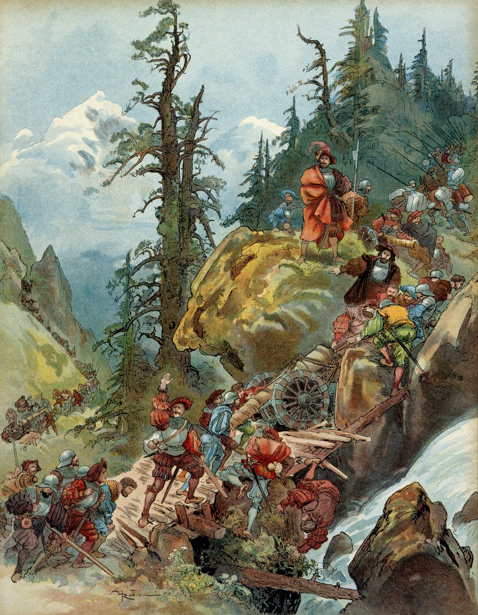 Vijfde Italiaanse Oorlog (1515-1516): de oversteek van de Alpen in augustus 1515, via de Larche-pas, van het leger van Frans I (1494-1547), op weg naar Italië. Illustratie door Albert Robida