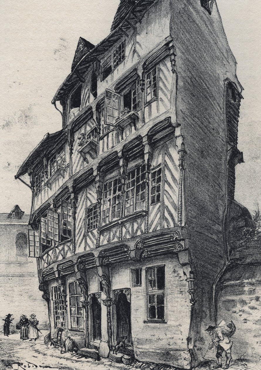 Huis rue Saint Guillaume in Rennes - Oud Frankrijk - Bretagne - tekst, tekeningen en lithografieën, door Albert Robida (1848-1926) ongedateerd eind 19e eeuw door Albert Robida