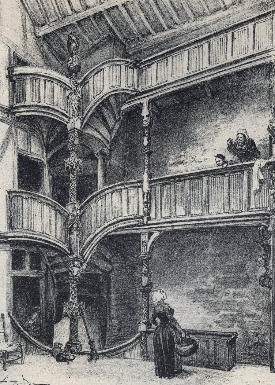 Interieur van een huis in Morlaix - Oud Frankrijk - Bretagne - tekst, tekeningen en lithografieën, door Albert Robida (1848-1926) ongedateerd eind 19e eeuw door Albert Robida