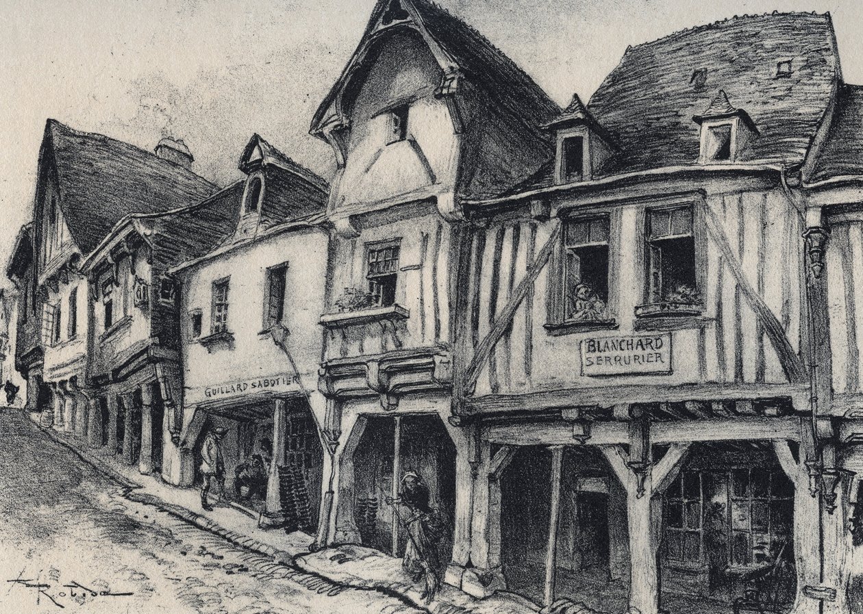 Rue Poterie in Fougeres in het departement Ille-et-Vilaine - La vieille France - La Bretagne - tekst, tekeningen en lithografieën, door Albert Robida (1848-1926) door Albert Robida