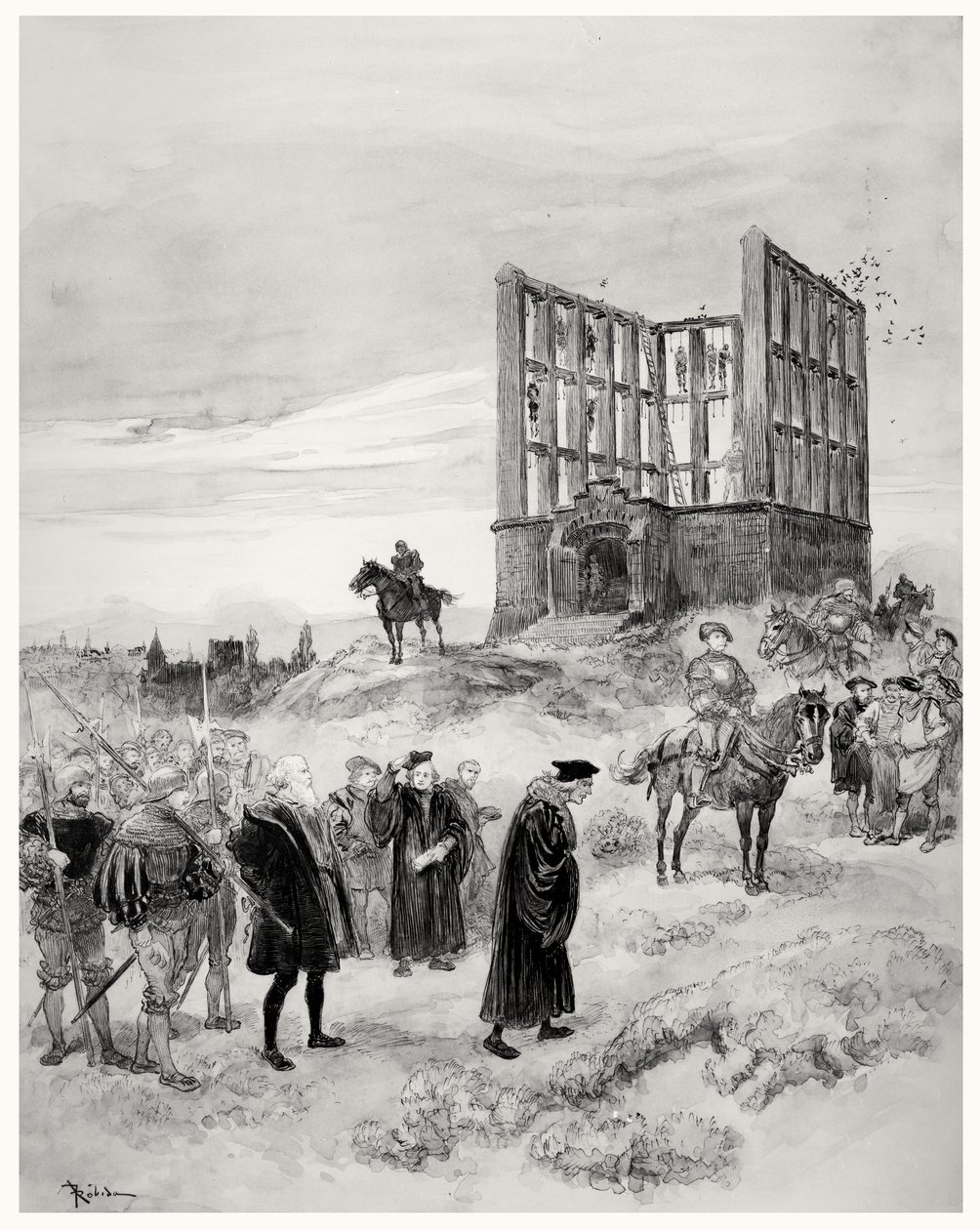 De Superintendant Jacques de Semblancay (c.1445-1527) ter dood veroordeeld, op weg naar de Montfaucon Galg, 1909 door Albert Robida
