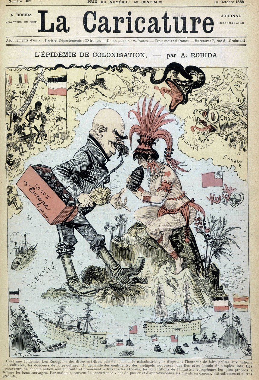 De kolonisatie-epidemie: antikolonialistische tekening door Robida - in "La Caricature" van 31/10/1885 door Albert Robida