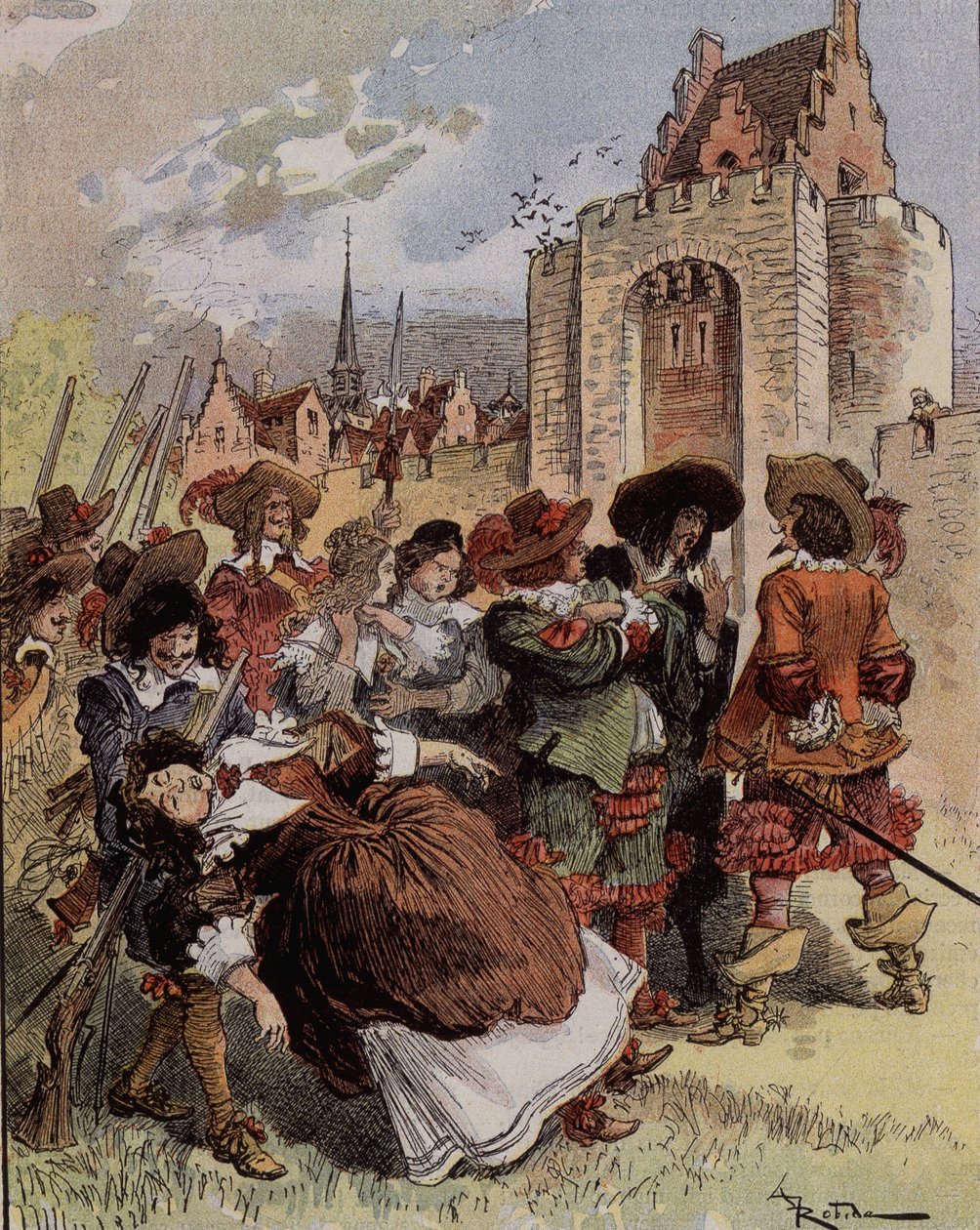 De verlegenheid van Kapitein Bellormeau - “Madame de Malicorne viel in de armen van een sergeant”. Personage uit het boek van Albert Robida. Omslag “De Kleine Fransman geïllustreerd” van 20/01/1900. door Albert Robida