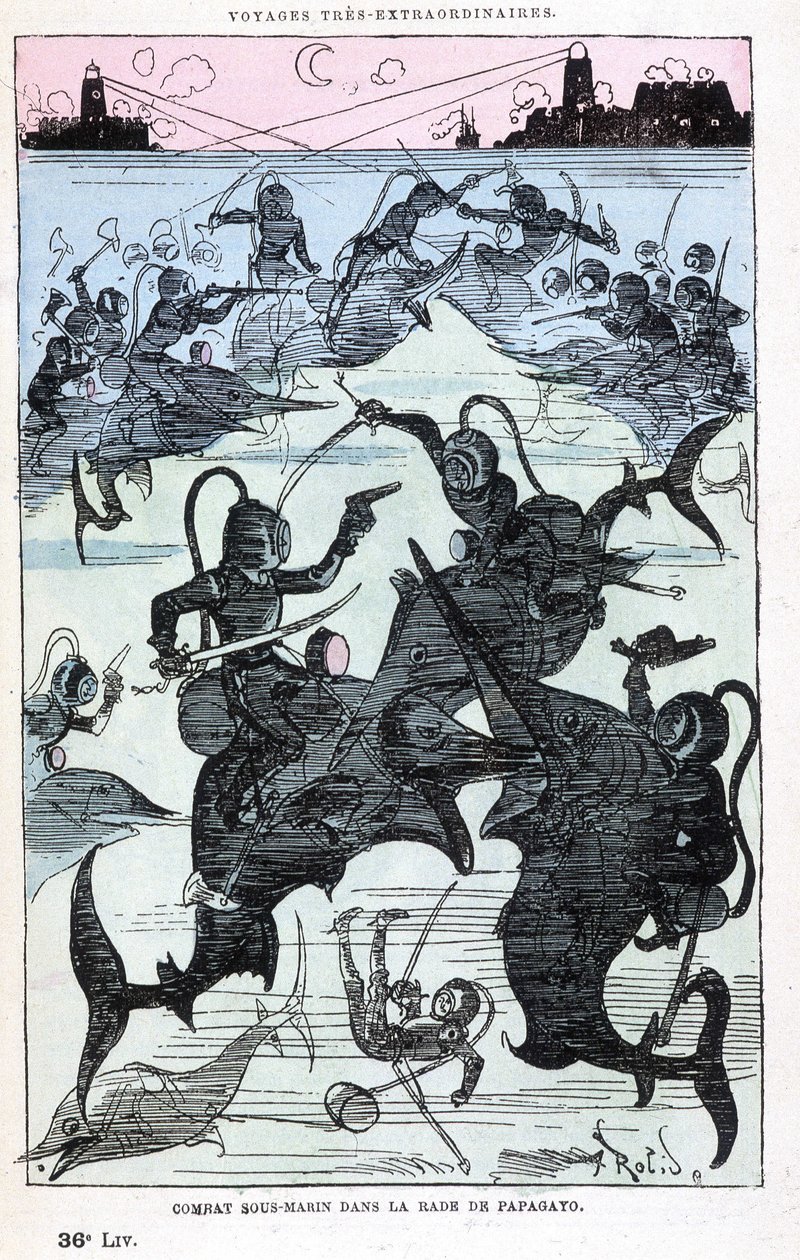 Onderwatergevecht in de baai van Papagayo (duikers die op vissen rijden), parodie op Jules Verne, 