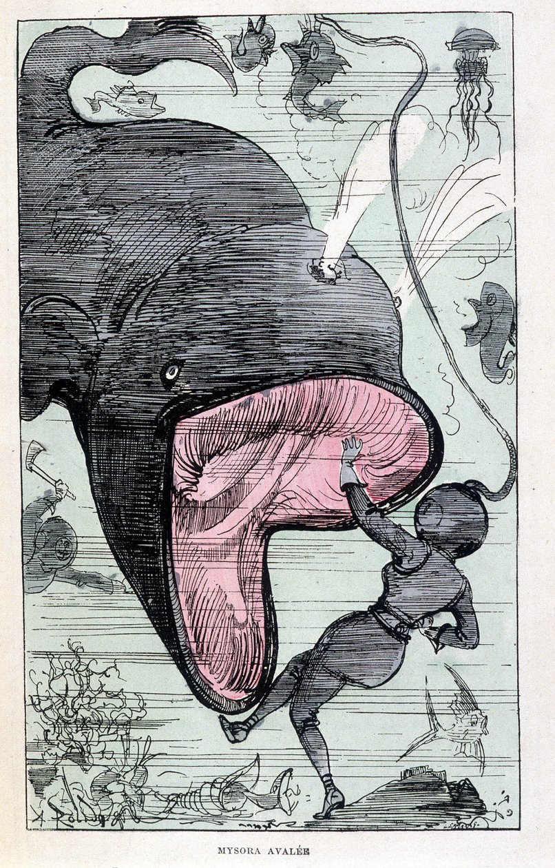 Vrouw in een duikpak wordt opgeslokt door een walvis, parodie op Jules Verne, 