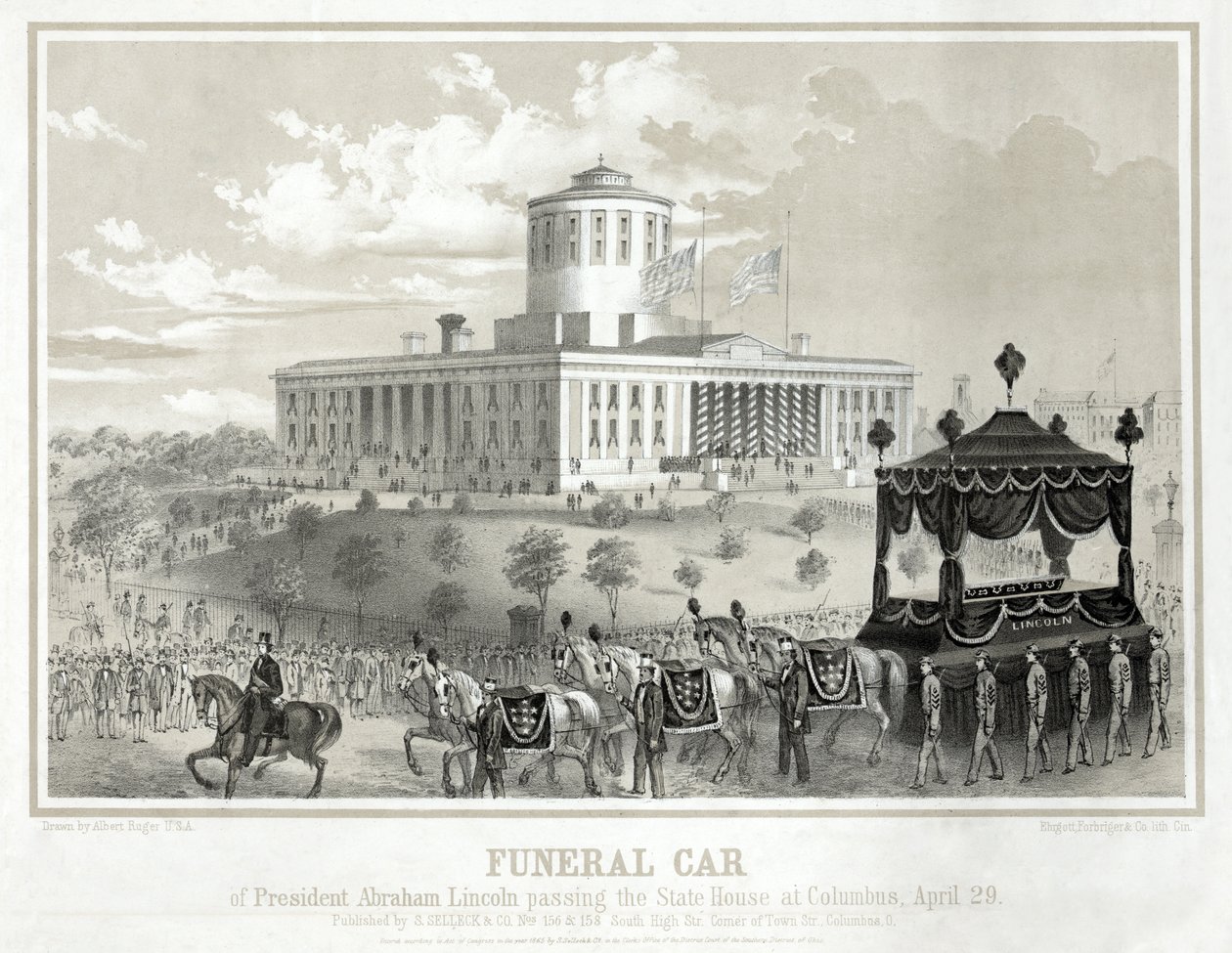 Begrafeniswagen van president Abraham Lincoln passeert het State House in Columbus, 29 april, uitgegeven 1865 (gravure) door Albert Ruger
