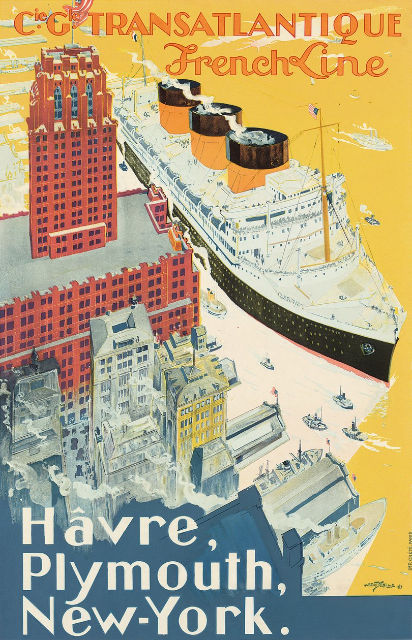 Poster die de Le Havre-Plymouth-New York route adverteert door de rederij Companie Generale Transatlantique, bekend als de 