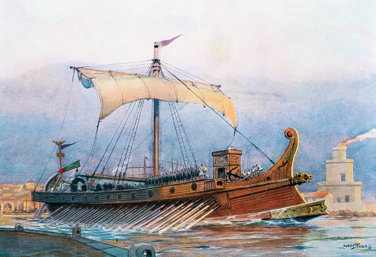 Romeins keizerlijk tijdperk schip verlaat arsenaal, aquarel door Albert Sebille door Albert Sébille