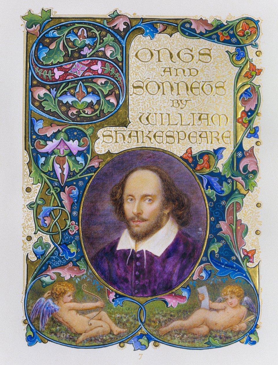 Boekfrontispice met fijn gekleurd portret van William Shakespeare door kunstenaar Alberto Sangorski door Alberto Sangorski