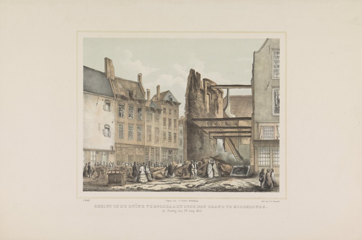 Gezicht op de ruïne veroorzaakt door de brand te Middelburg op zondag, 28 juni 1857 door Albertus Anthonius Nunnink