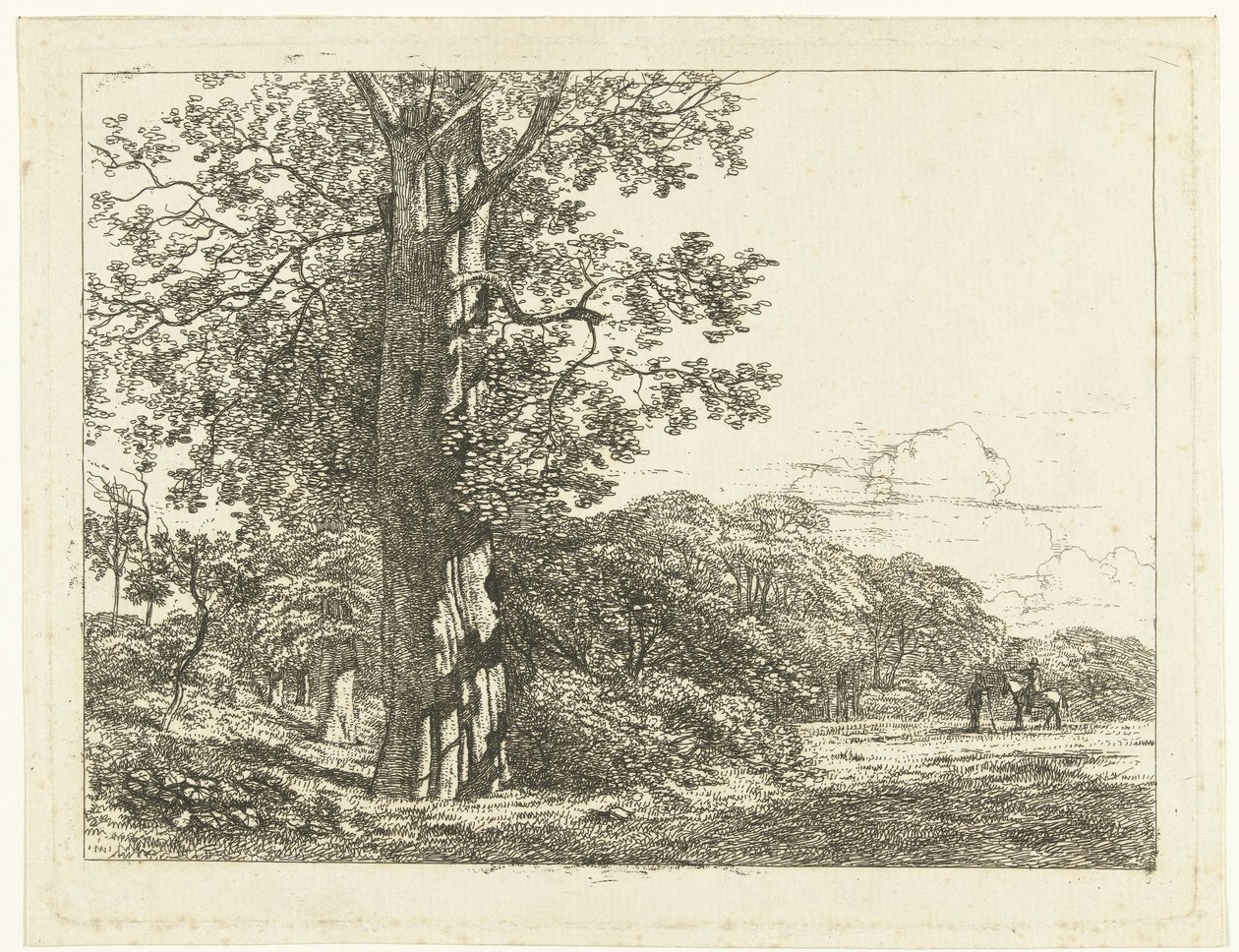 Landschap met grote beukeboom en ruiter in gesprek met man door Albertus Brondgeest