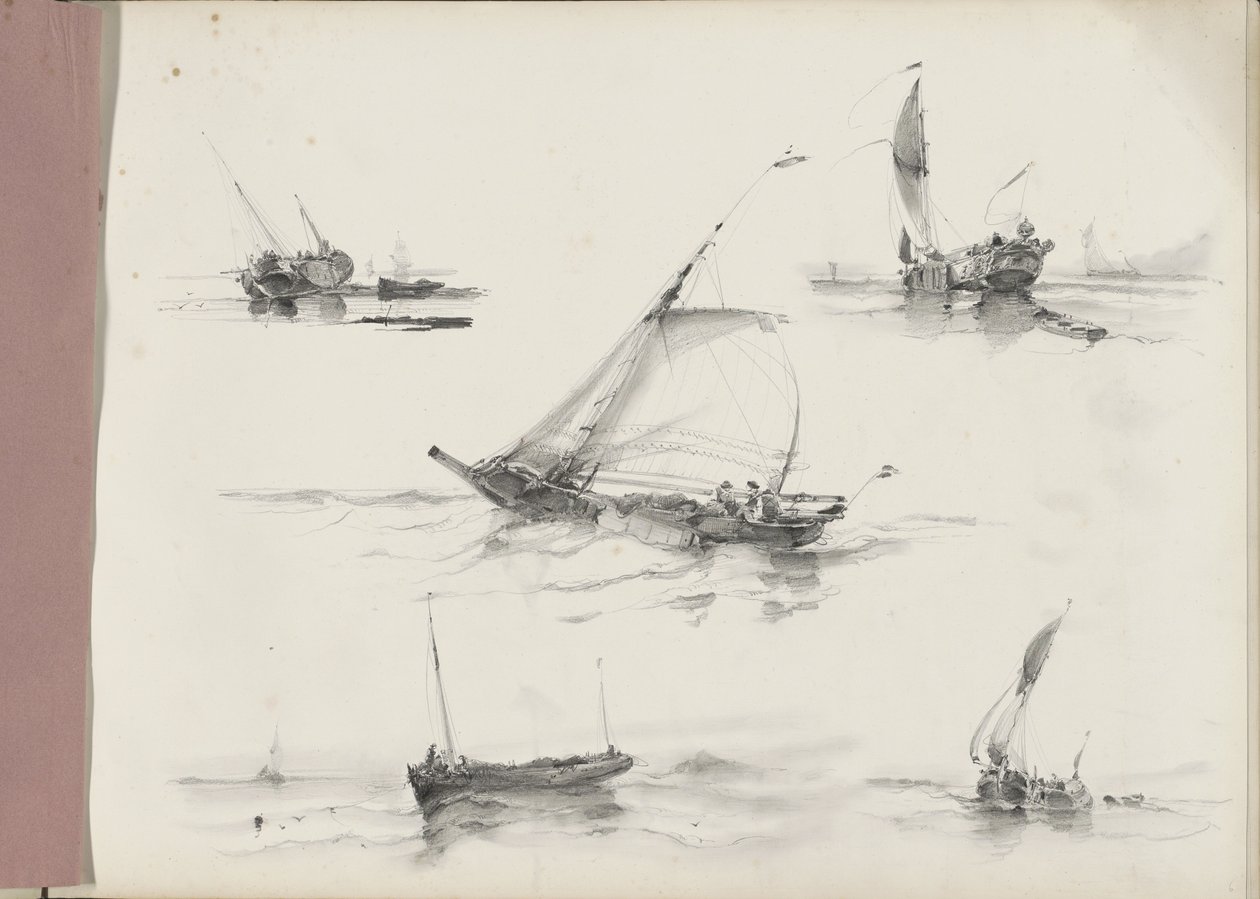 Studieblad met zeilschepen op het water door Albertus van Beest
