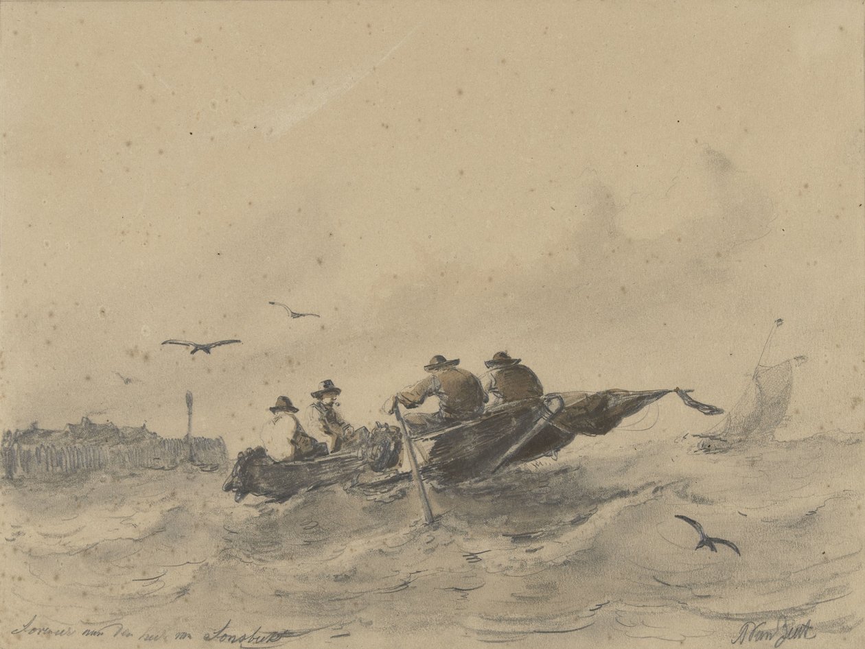 Vier mannen in een roeiboot door Albertus van Beest