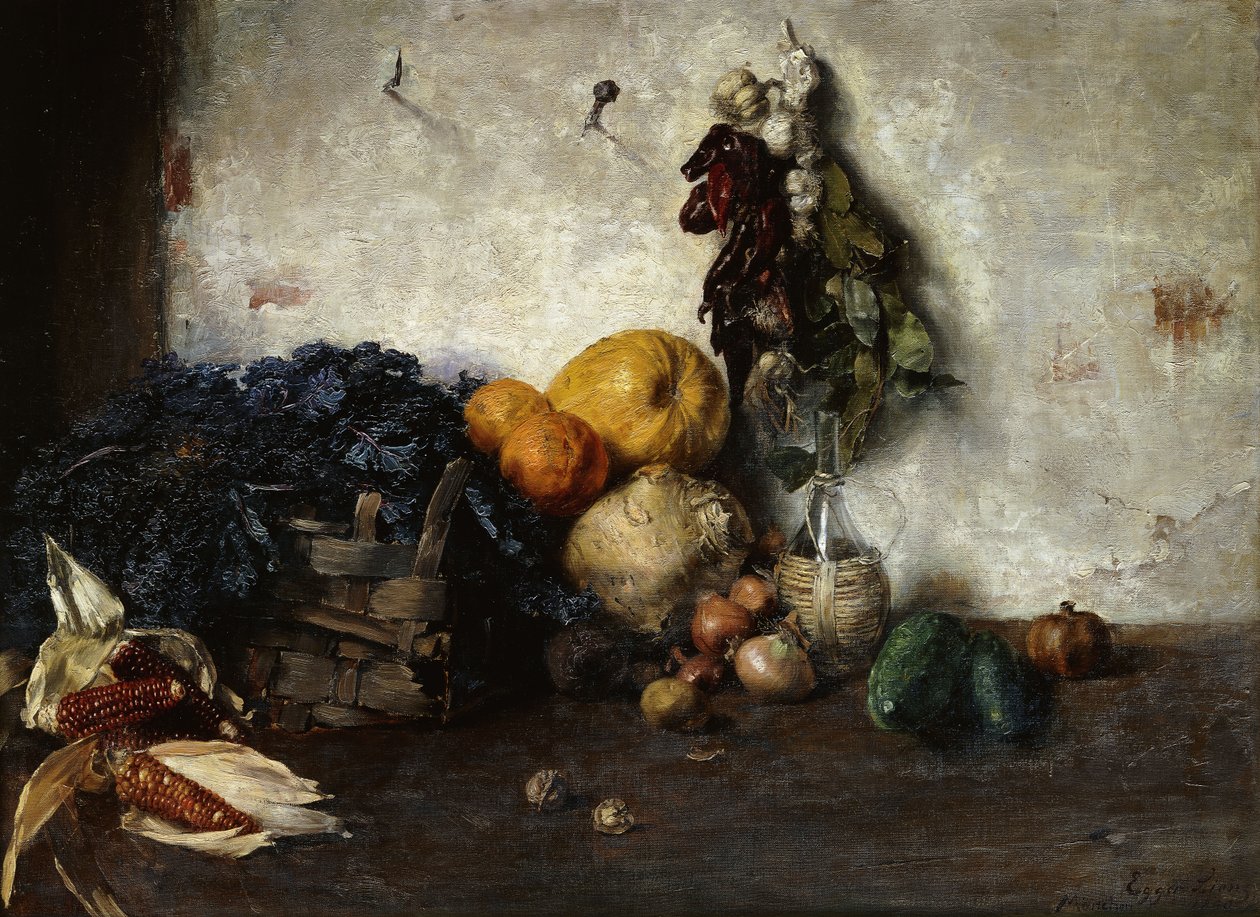 Een stilleven van groenten bij een muur door Albin Egger Lienz