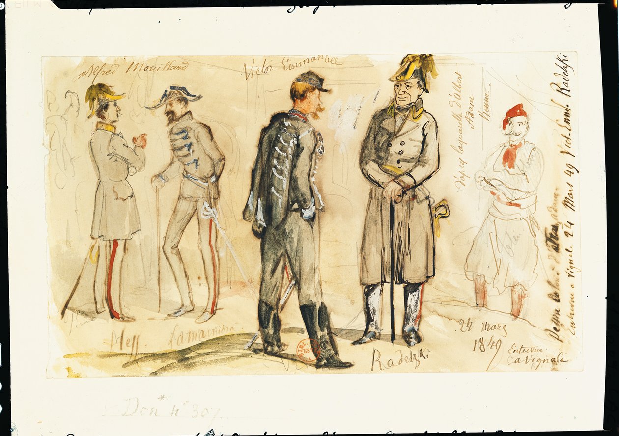 Koning Vittorio Emanuele II (1820-78) ontmoet Joseph Radetsky von Radetz (1766-1858) in Vignale, 24 maart 1849 door Albrecht Adam