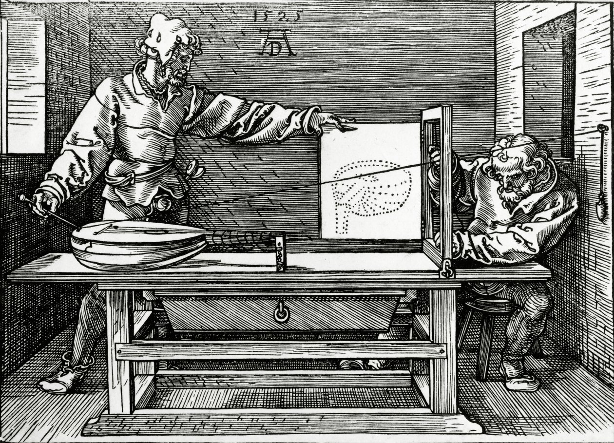Een kunstenaar die een luit tekent met behulp van een perspectiefapparaat, illustratie uit Durer