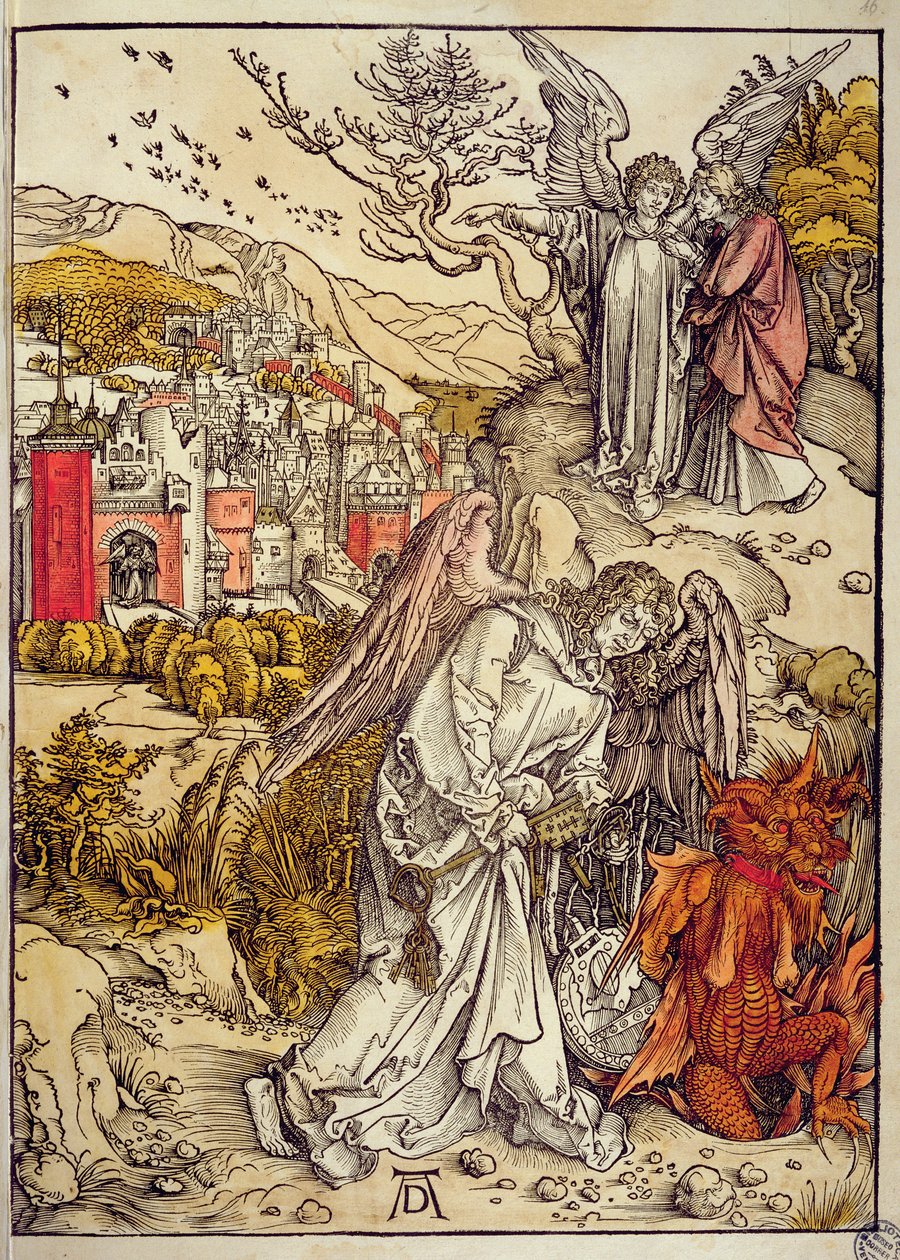 Engel met de Sleutel van de Afgrond, 1498 (kleur houtsnede) door Albrecht Dürer