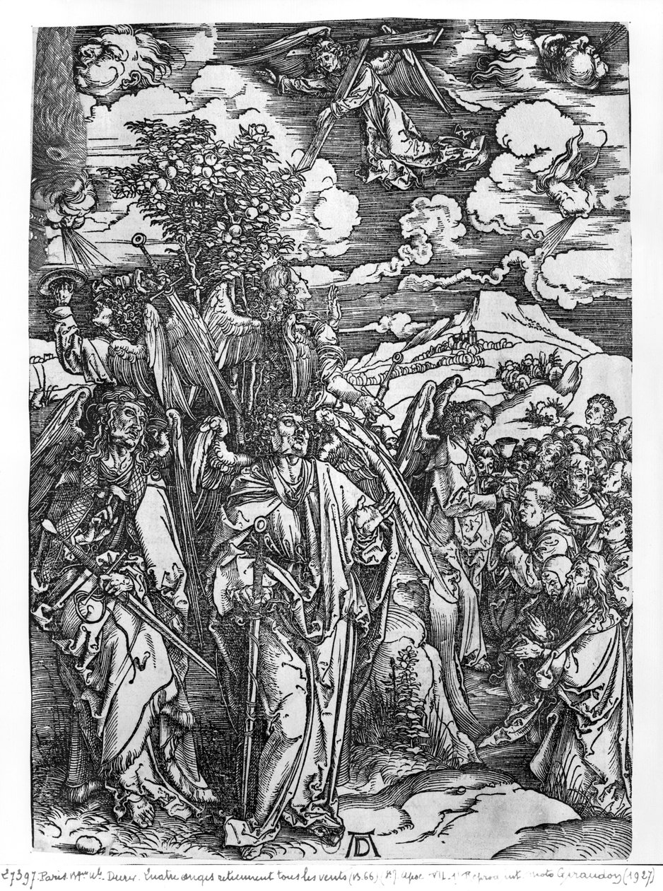 Scène uit de Apocalyps, De Vier Engelen die de winden vasthouden, Latijnse editie, 1511 door Albrecht Dürer