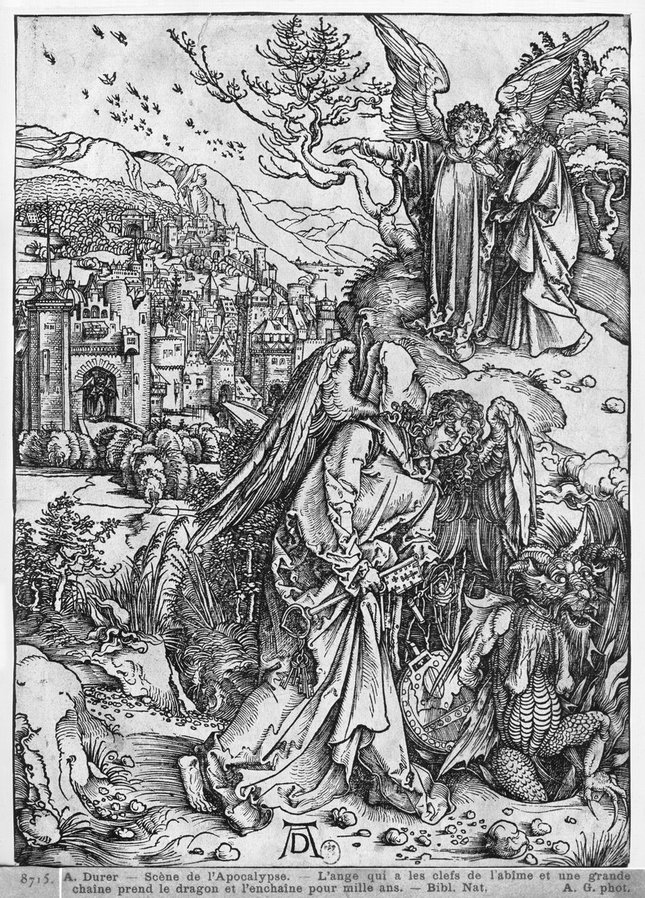 Scène uit de Apocalyps, De engel die de sleutels van de afgrond en een grote ketting vasthoudt, ketent de draak voor duizend jaar, Latijnse editie, 1511 door Albrecht Dürer
