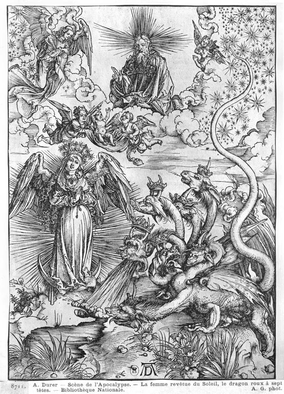 Scène uit de Apocalyps, De vrouw bekleed met de zon en de zevenkoppige draak, Latijnse editie, 1511 door Albrecht Dürer