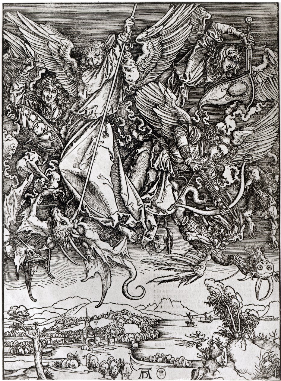 St. Michael en de Draak, uit een Latijnse editie, 1511 door Albrecht Dürer