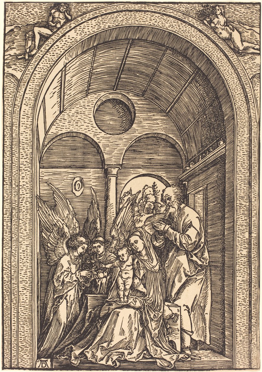 De Heilige Familie met twee engelen in een gewelfde hal door Albrecht Dürer