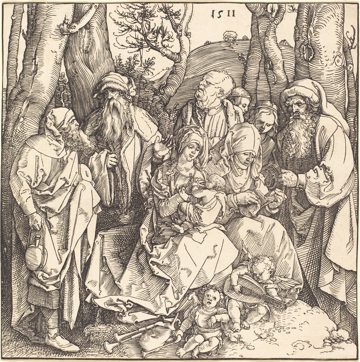 De Heilige Familie met twee muziekmakende engelen door Albrecht Dürer