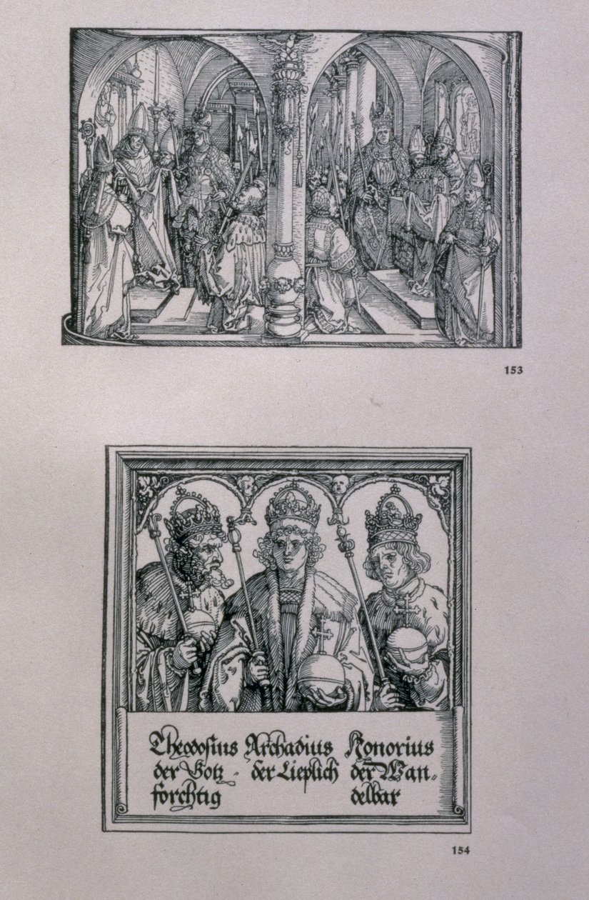 De Triomfboog van Keizer Maximiliaan I (1459-1519): detail met twee panelen, (boven) een gebeurtenis in het leven van Maximiliaan en (onder) de Romeinse keizer Theodosius I, de Grote (c.346-395) door Albrecht Dürer