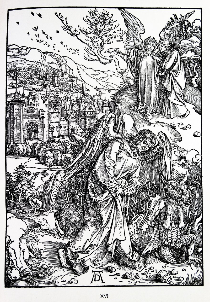De Openbaring van St. Jan: 15. De Engel met de Sleutel tot de Bodemloze Put door Albrecht Dürer