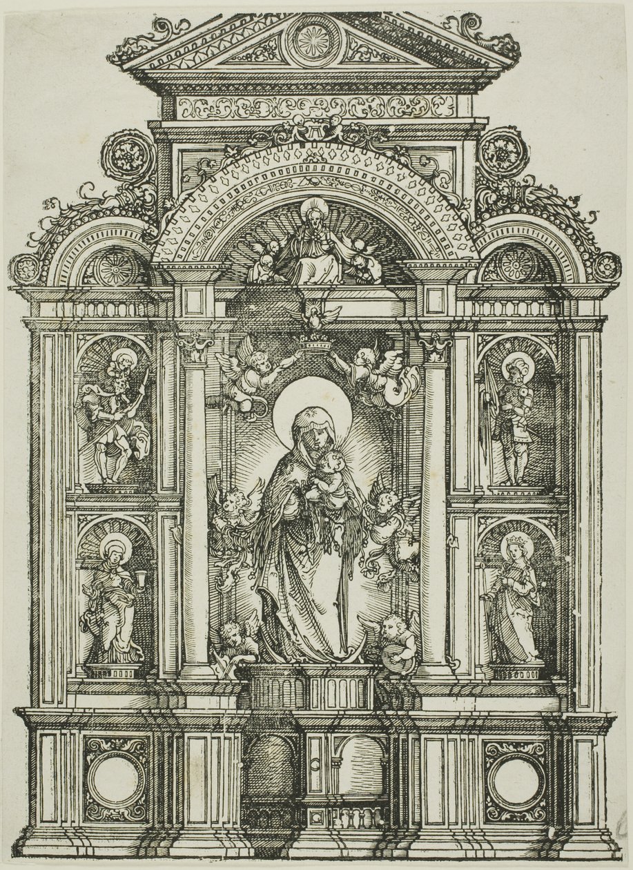 Altaarstuk met de mooie maagd van Regensburg en de heiligen Christophorus, Maria Magdalena, Florianus en Catharina staand in nissen, met God de Vader erboven door Albrecht Altdorfer