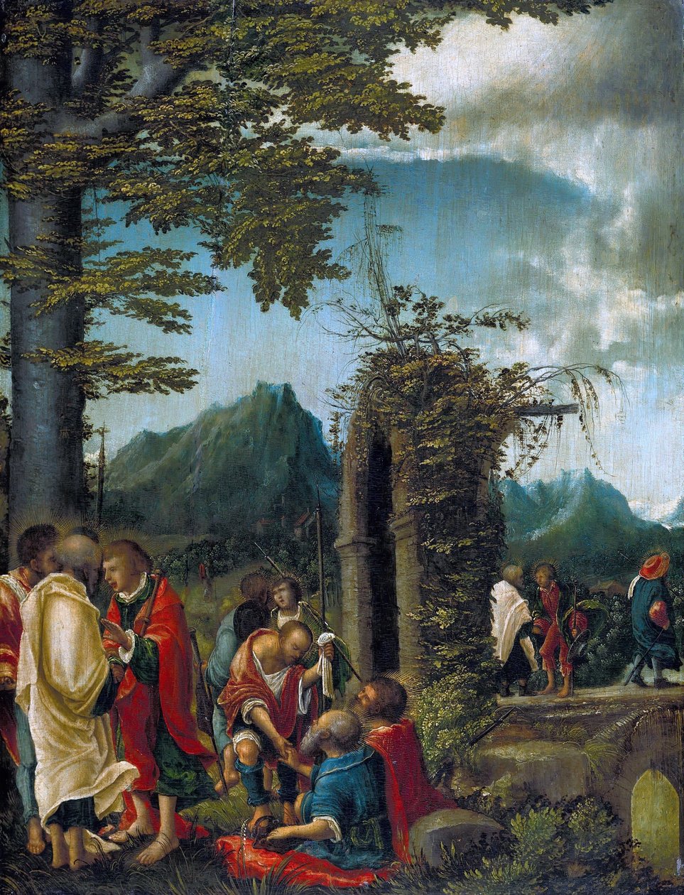 Duits: Der Abschied der Apostel in waldiger Landschaft Communion der Apostelen / Apostelen in een bosrijk landschap door Albrecht Altdorfer