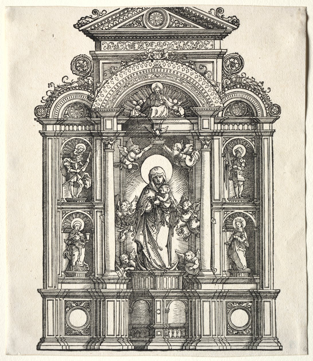Groot altaar met de Maagd, in een rand met heiligen Christoffel, George, Barbara, Catharina door Albrecht Altdorfer