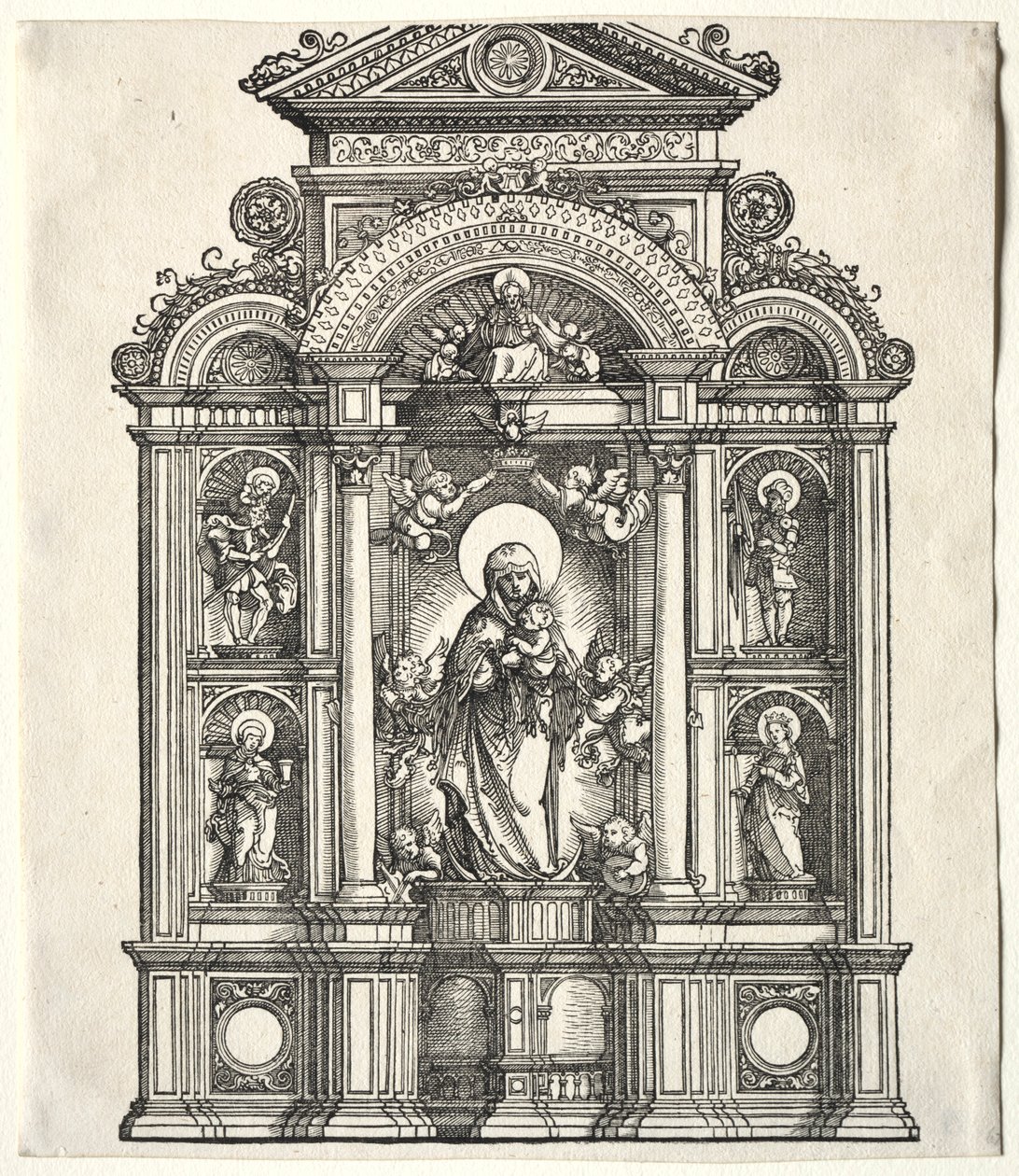 Groot altaar met de Maagd, in een rand met HH. Christoffel, George, Barbara, Catharina door Albrecht Altdorfer