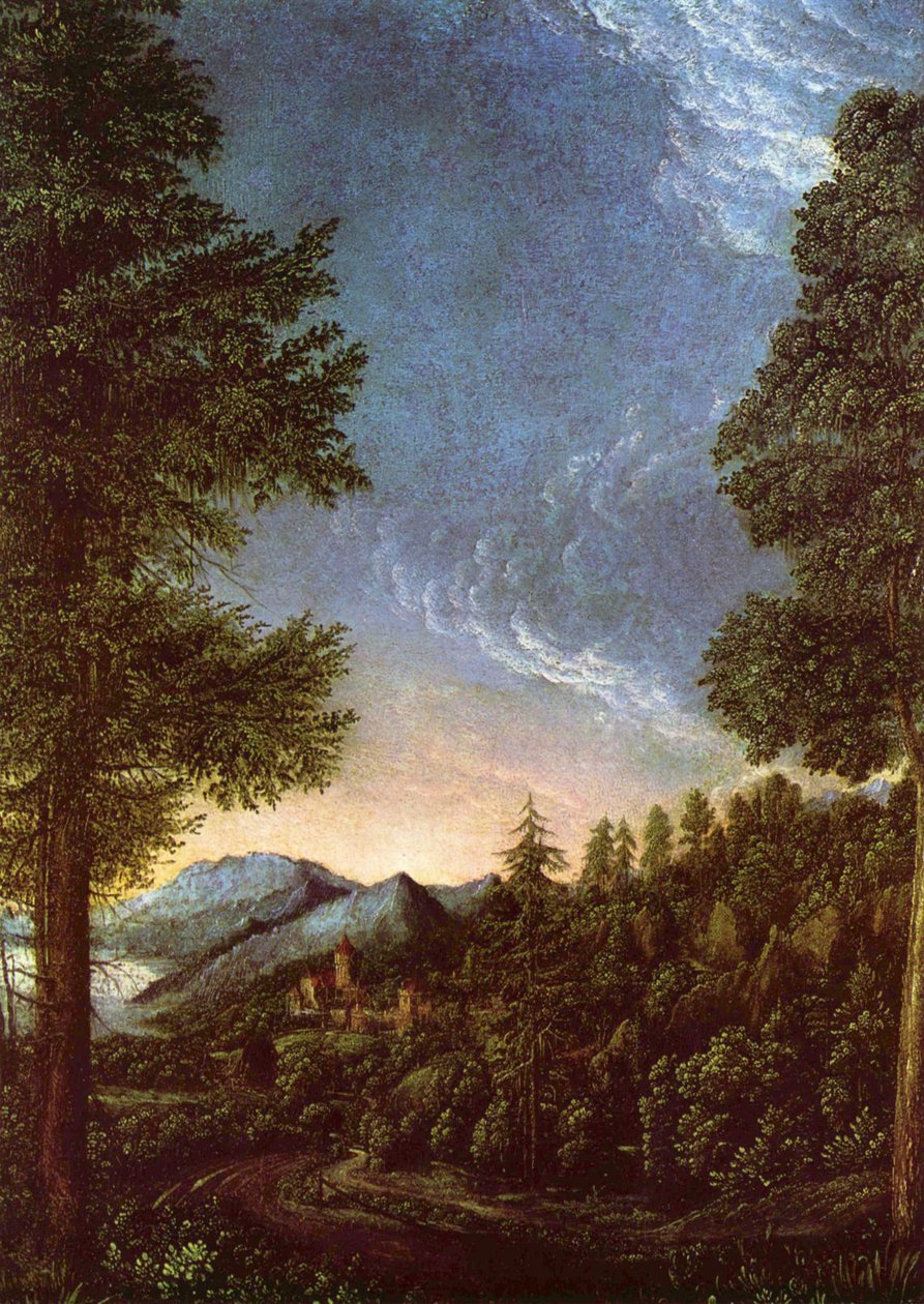 Landschap langs de Donau bij Regensburg door Albrecht Altdorfer
