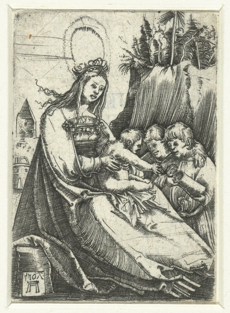 Maria met het Christuskind en twee jongetjes door Albrecht Altdorfer