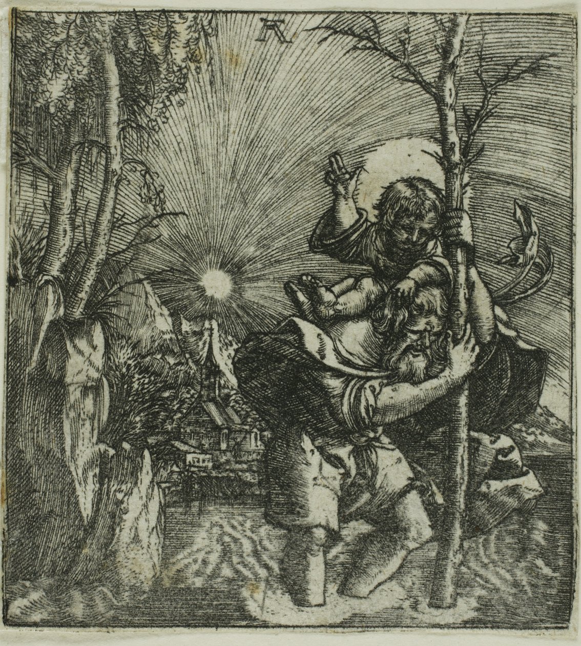 Sint Christoffel die het Christuskind draagt door Albrecht Altdorfer