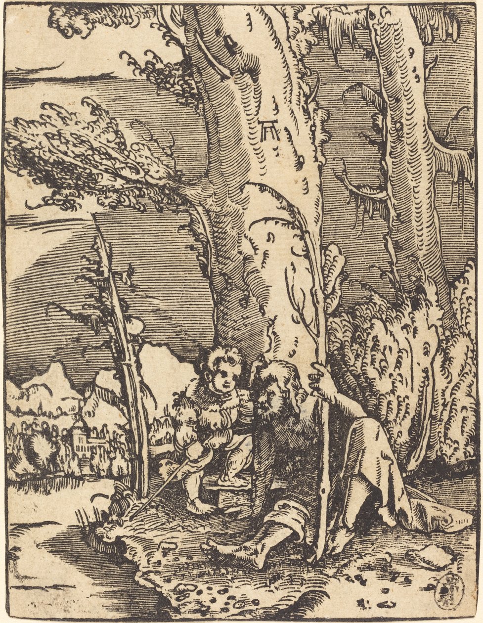 Sint Christoffel Zittend bij een Rivieroever door Albrecht Altdorfer