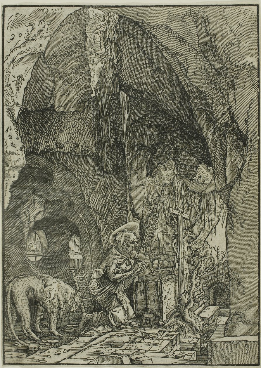 Hiëronymus in boetedoening, in een grot door Albrecht Altdorfer