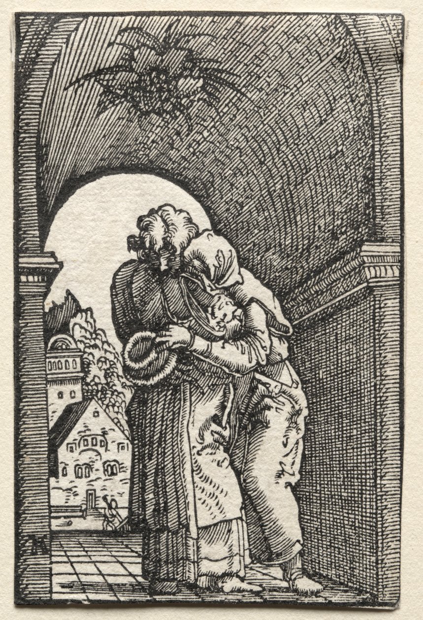 De Val en Verlossing van de Mens: De Omhelzing van Joachim en Anna bij de Gouden Poort, 1515 door Albrecht Altdorfer
