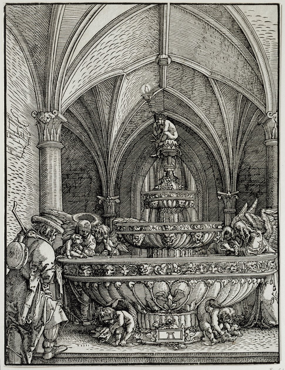 De Heilige Familie bij de fontein. Gravure door de Duitse Albrecht Altdorfer. Louvre Museum door Albrecht Altdorfer