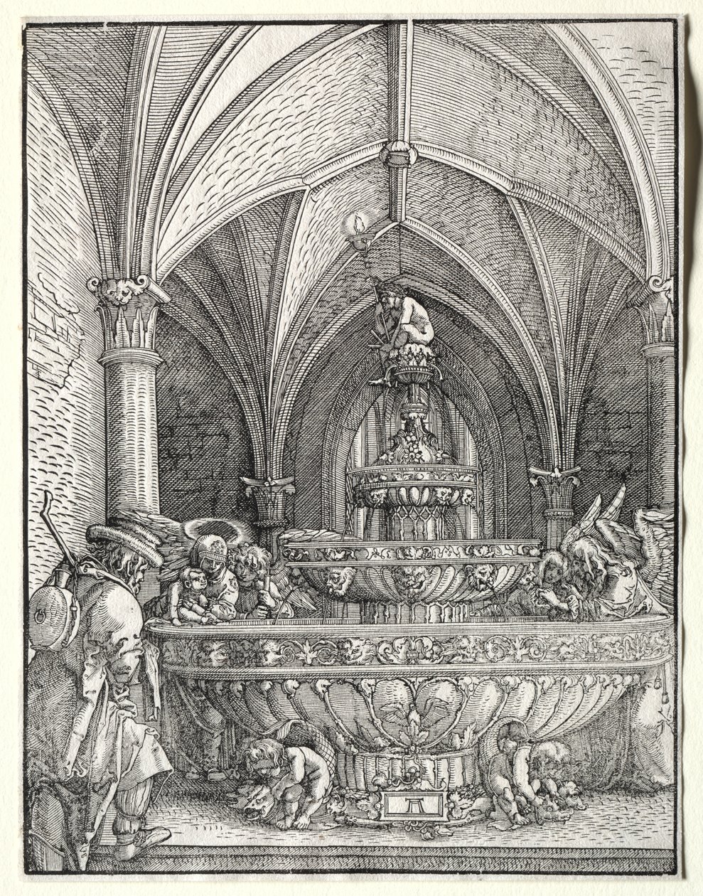 De Heilige Familie op de vlucht naar Egypte bij een fontein door Albrecht Altdorfer