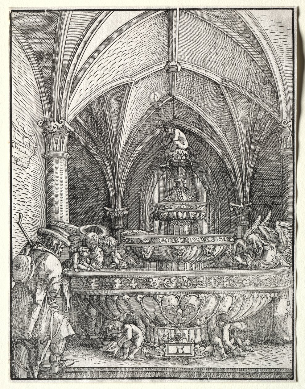 De Heilige Familie op de vlucht naar Egypte bij een fontein, ca. 1520 door Albrecht Altdorfer