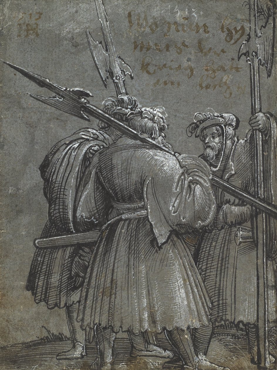 Drie nachtwakers, 1513 (tekening op blauwgrijs papier) door Albrecht Altdorfer
