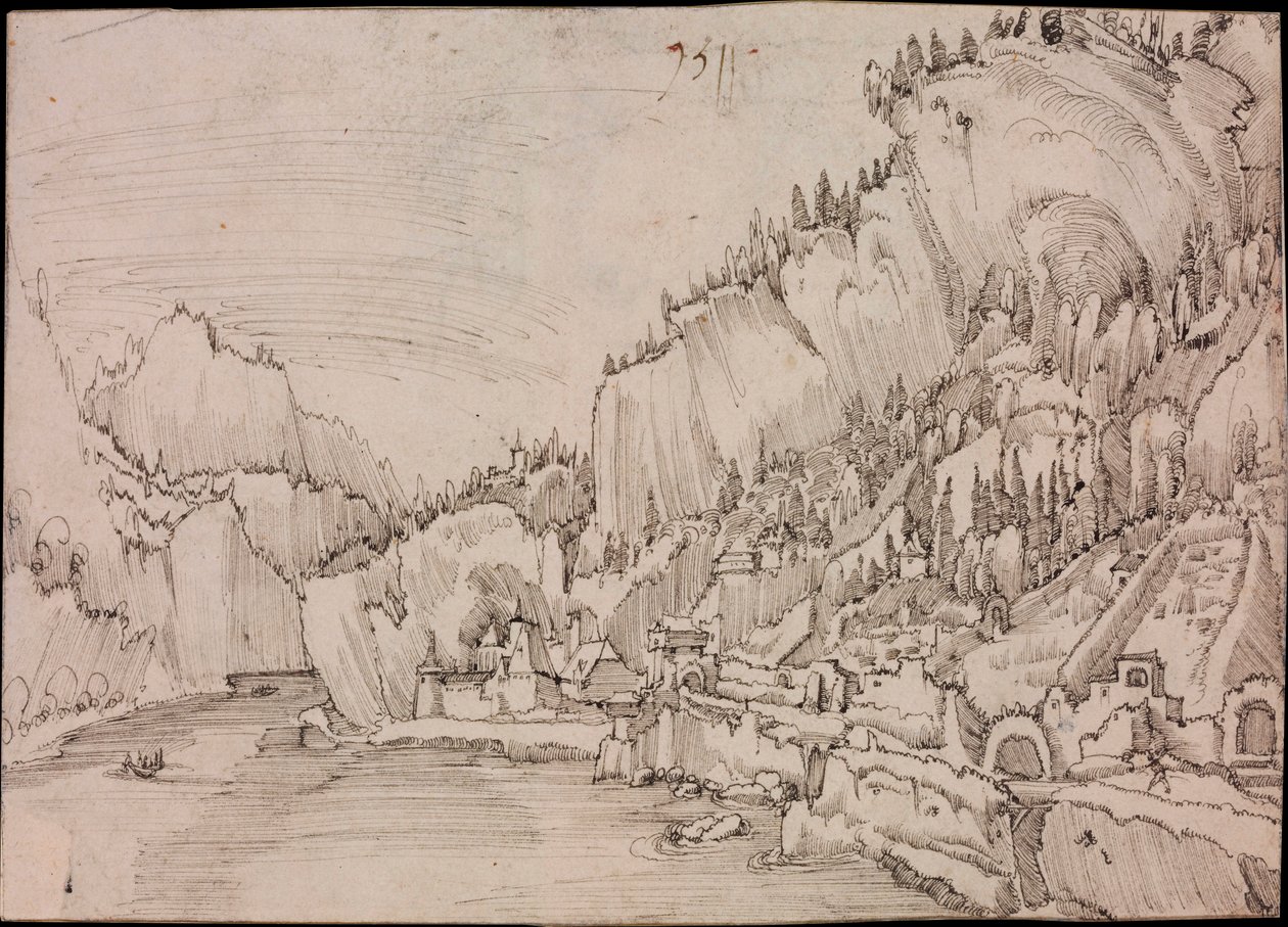 Uitzicht op Sarmingstein aan de Donau (Oostenrijk) - Tekening van Albrecht Altdorfer (circa 1480-1538) door Albrecht Altdorfer