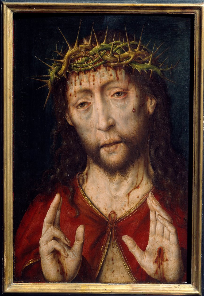 Christus van pijn. Gezicht van Christus met bloedende wonden door de doornenkroon met stigmata in de handpalmen. Schilderij door Albrecht Bouts (ca. 1455-1549) door Albrecht Bouts