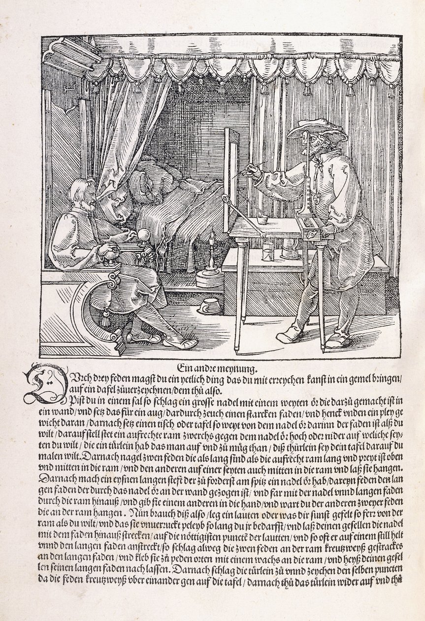 Een tekenaar die een portret tekent met behulp van een tekenraam, 1525 door Albrecht Dürer