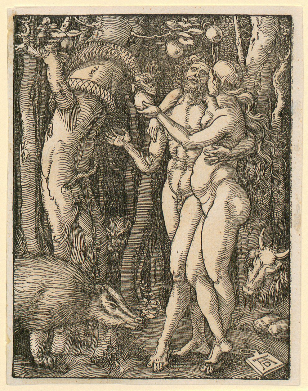 Adam en Eva, blad 2 uit de reeks "Kleine houtsnedepassie" door Albrecht Dürer