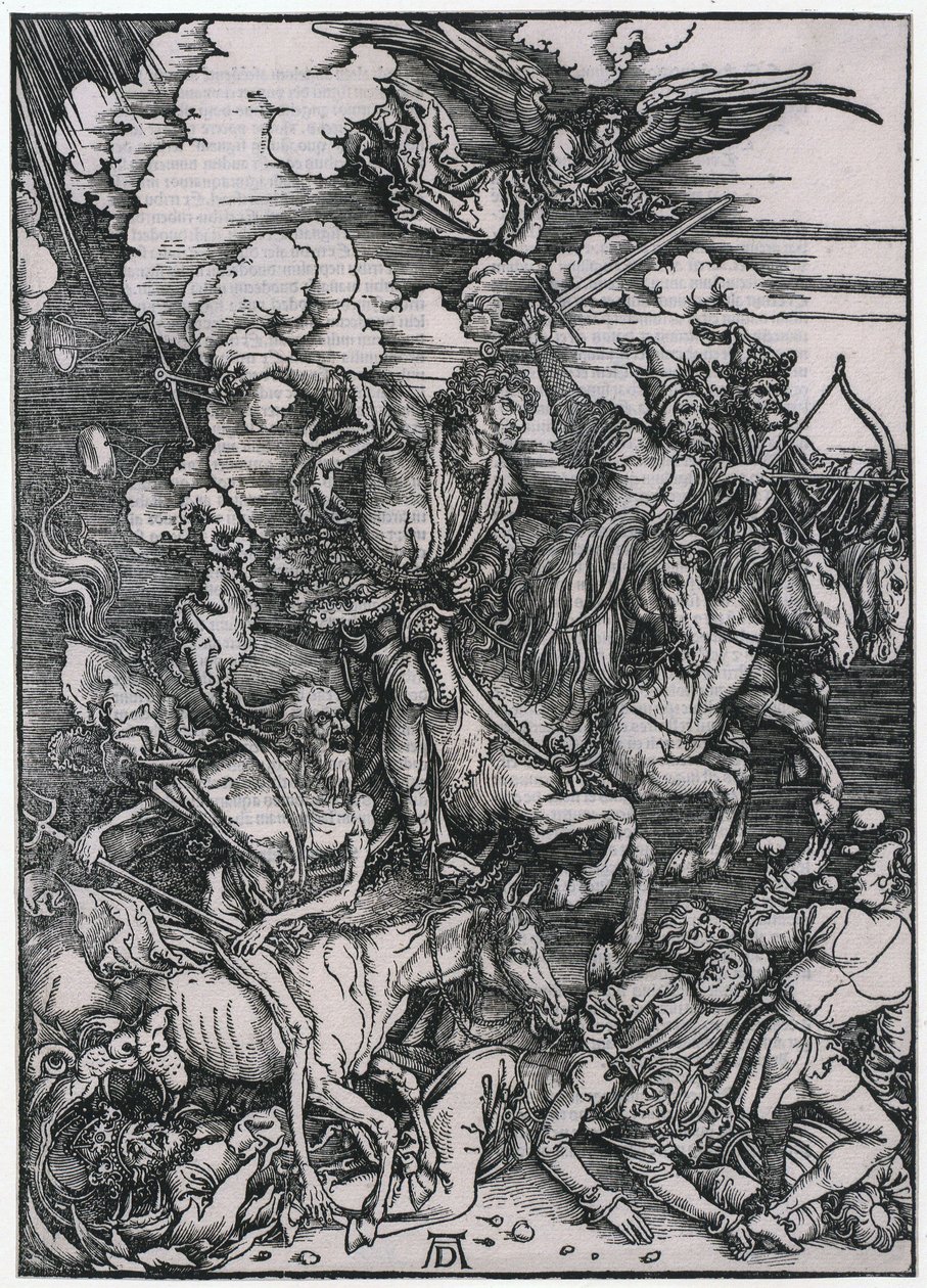 De vier ruiters van de Apocalyps, figuur III, blad 5 uit de serie „De Apocalyps“ door Albrecht Dürer